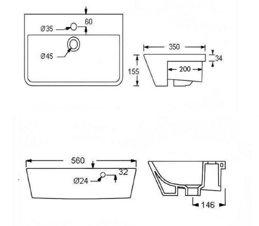 Agres 56 x 35 Semi-Recessed Basin