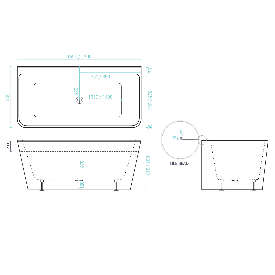 Decina Aria 1500  Back to Wall Freestanding Bath