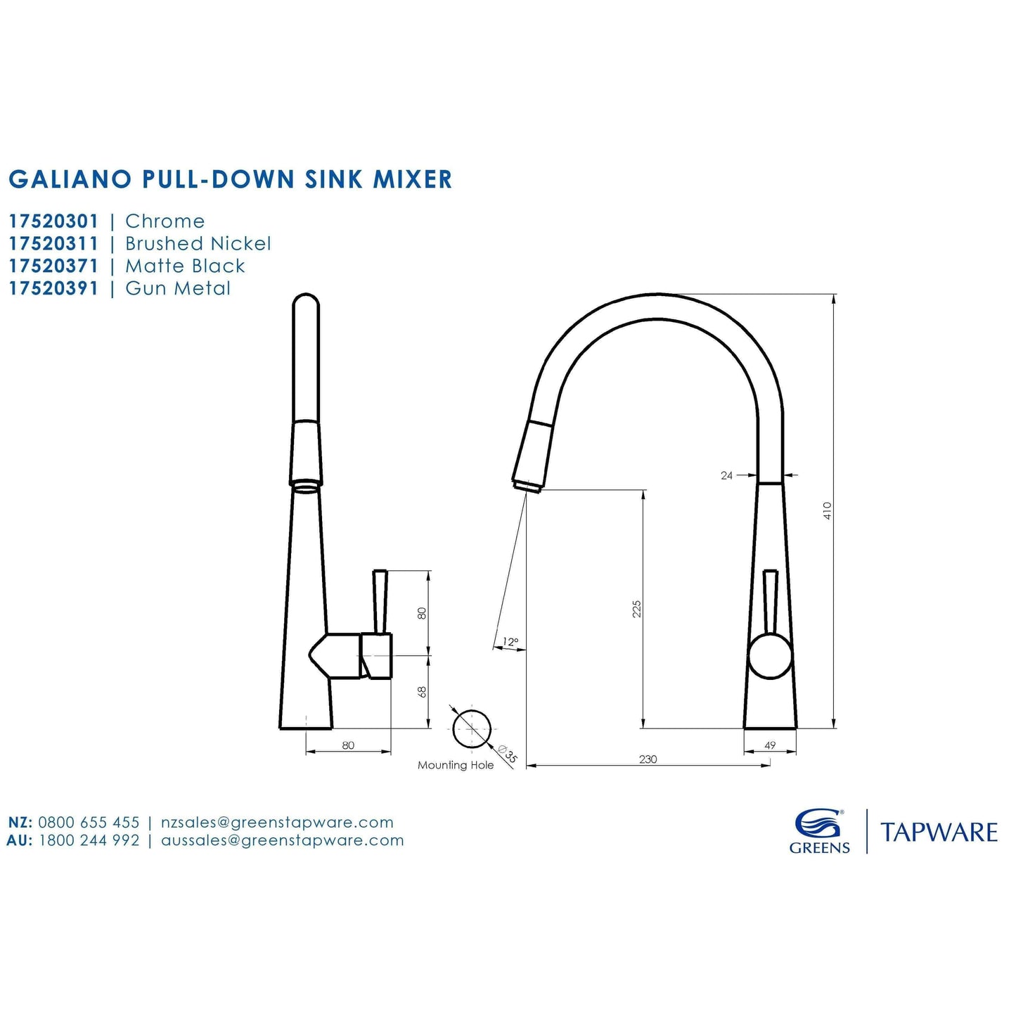 Greens Galiano Pull Down Sink Mixer  Multi Function Handspray