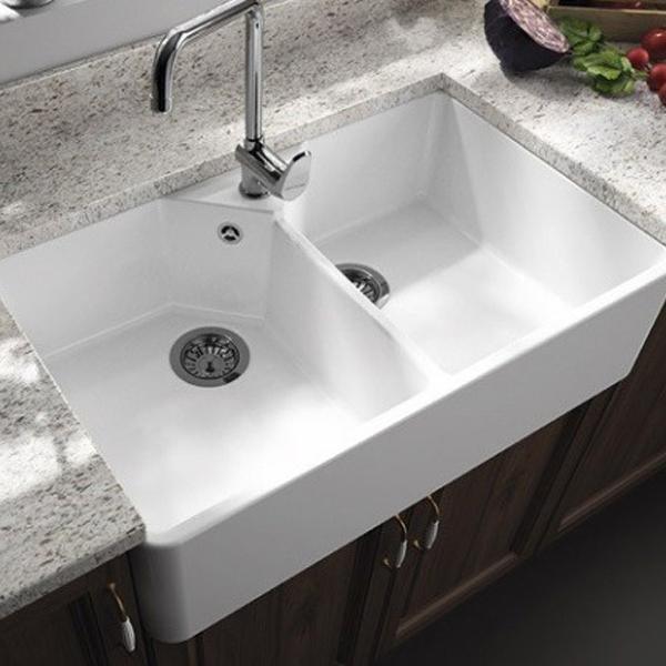 T&H Chester 80 X 50 Double Bowl Fireclay Sink 1 Tap Hole Including Overflow Kit