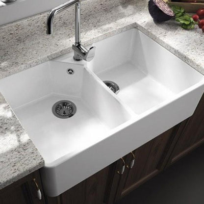 T&H Chester 80 X 50 Double Bowl Fireclay Sink 1 Tap Hole Including Overflow Kit