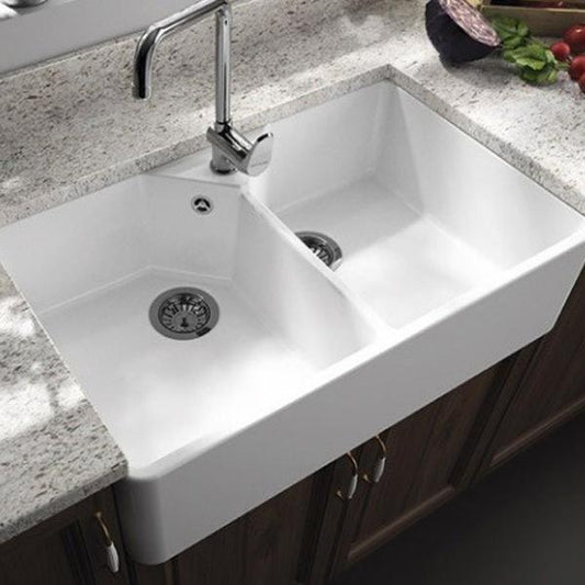 T&H Chester 80 X 50 Double Bowl Fireclay Sink 1 Tap Hole Including Overflow Kit