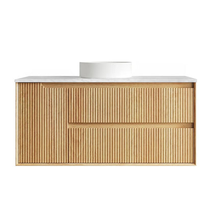 Otti Byron Fluted Woodland Oak Wall Hung Vanity with Cloudy Carrara Top