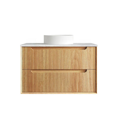Otti Byron Fluted Woodland Oak Wall Hung Vanity with Cloudy Carrara Top