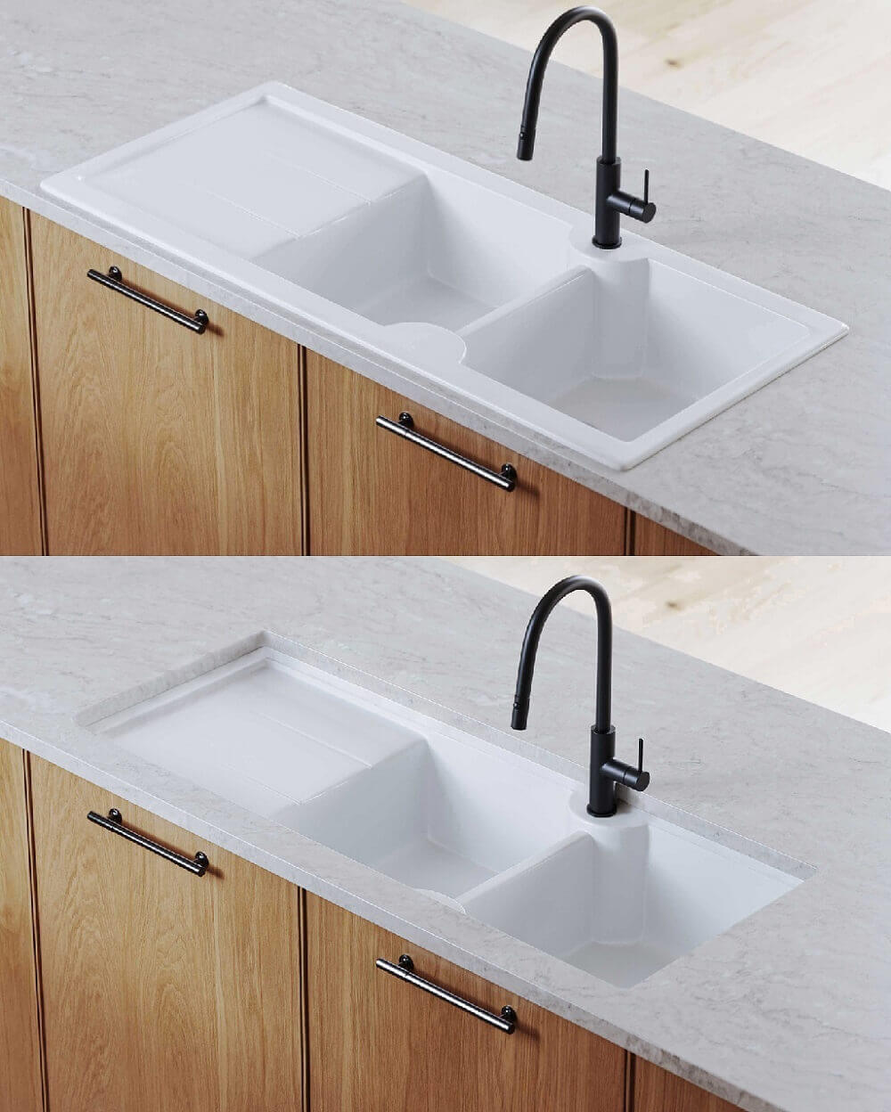 Cuisine 116 x 50 Inset / Undermount  Fine Fireclay Gloss White Sink - Double Bowl and Single Drainer