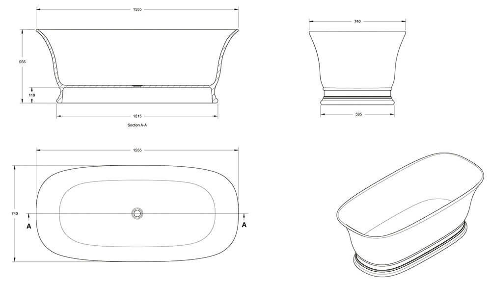 Cambridge 156 x 74 TitanCast Solid Surface Freestanding Bath - Satin Silk White