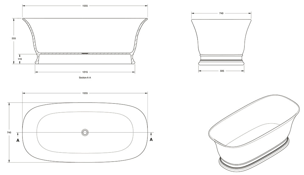 Cambridge 156 x 74 TitanCast Solid Surface Freestanding Bath - Special Finish