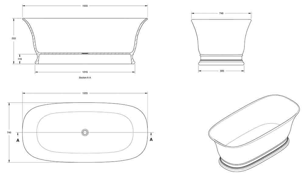 Cambridge 156 x 74 TitanCast Solid Surface Freestanding Bath - Gloss White