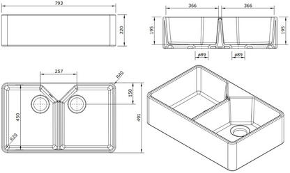 Chester 80 x 50 Double Flat Front Fine Fireclay Farmhouse Butler Sink