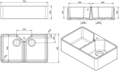 Chester 80 x 50 Double Flat Front Fine Fireclay Farmhouse Butler Sink