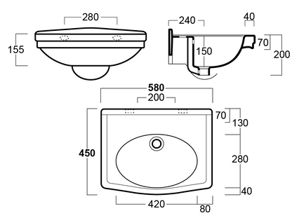 Claremont 58 x 45 Wall Hung Basin Without Taphole