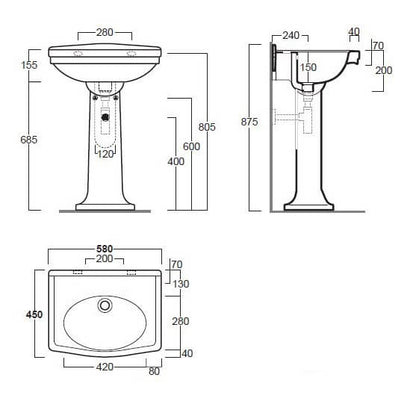 Claremont 58 x 45 Basin & Pedestal  Without Taphole