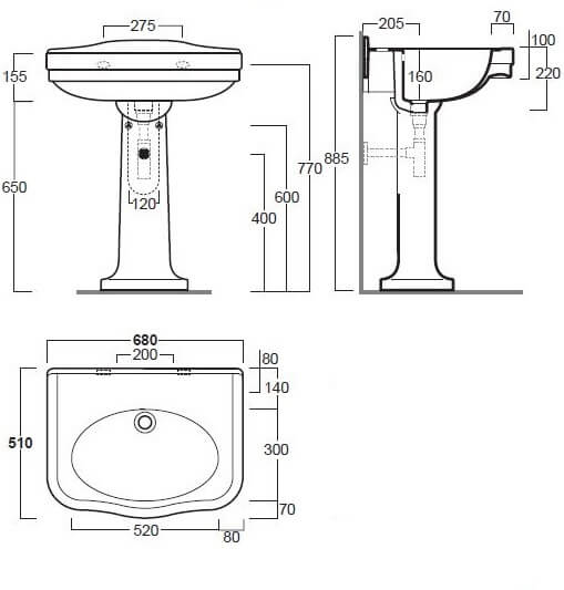 Claremont 68 x 51 Basin & Pedestal without Taphole