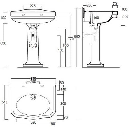 Claremont 68 x 51 Basin & Pedestal without Taphole
