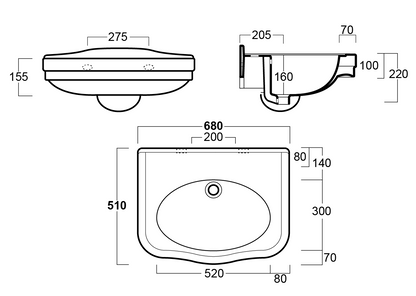 Claremont 68 x 51 Wall Hung Basin Without Taphole