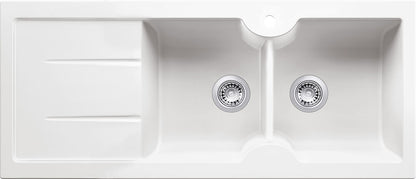 Cuisine 116 x 50 Inset / Undermount  Fine Fireclay Gloss White Sink - Double Bowl and Single Drainer