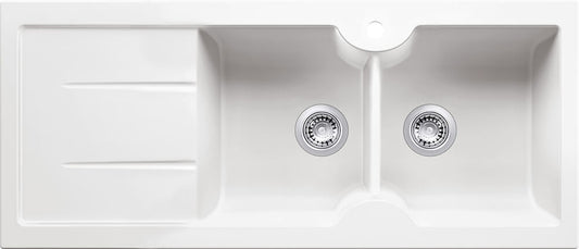 Cuisine 116 x 50 Inset / Undermount  Fine Fireclay Gloss White Sink - Double Bowl and Single Drainer
