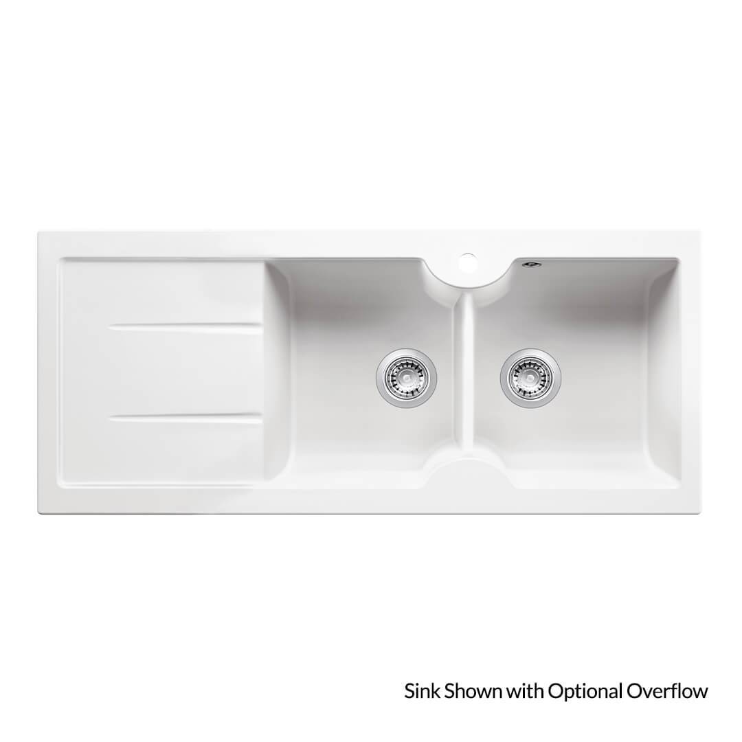 Cuisine 116 x 50 Inset / Undermount  Fine Fireclay Gloss White Sink - Double Bowl and Single Drainer