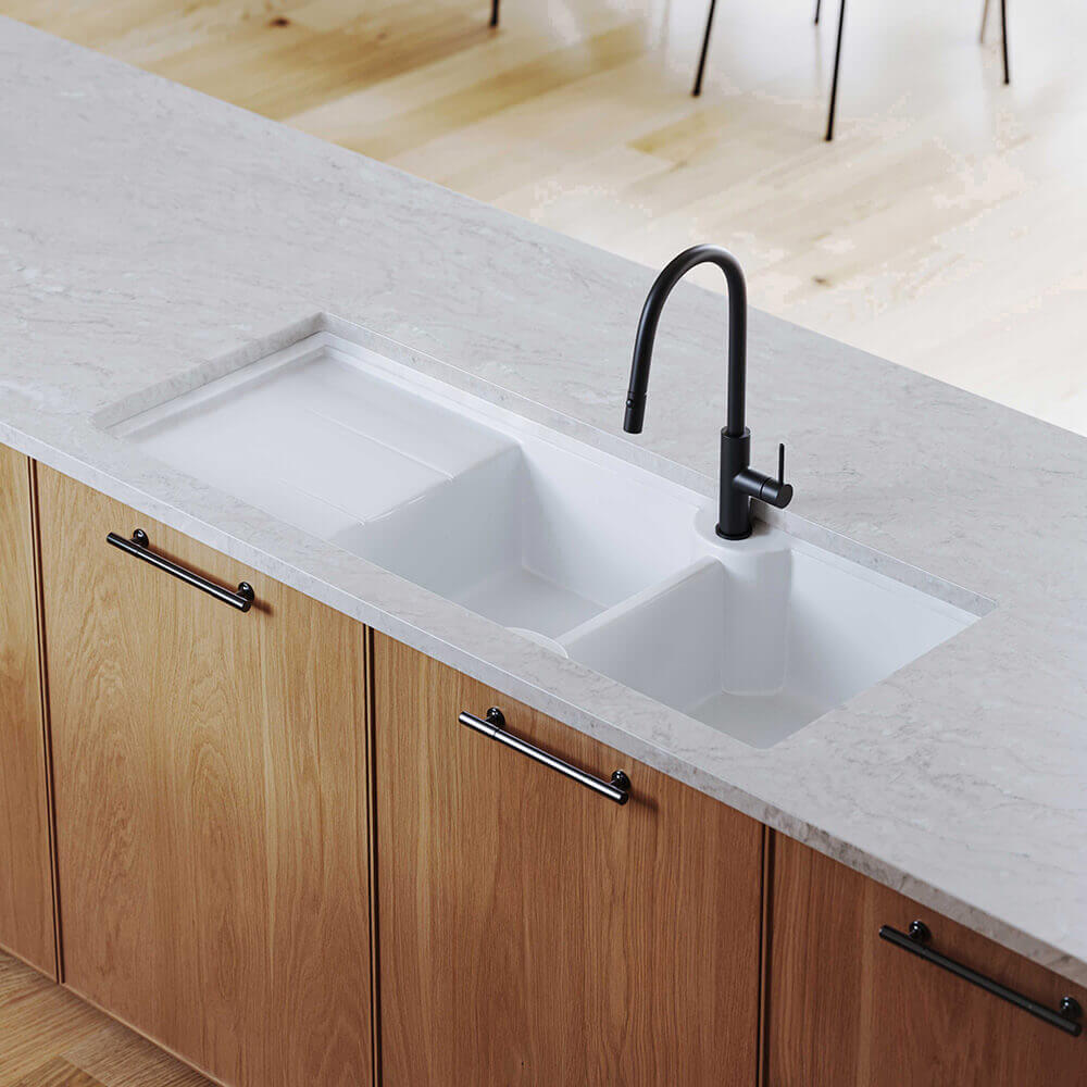 Cuisine 116 x 50 Inset / Undermount  Fine Fireclay Gloss White Sink - Double Bowl and Single Drainer