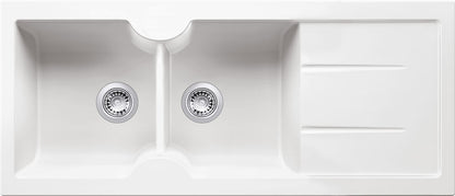 Cuisine 116 x 50 Inset / Undermount  Fine Fireclay Gloss White Sink - Double Bowl and Single Drainer