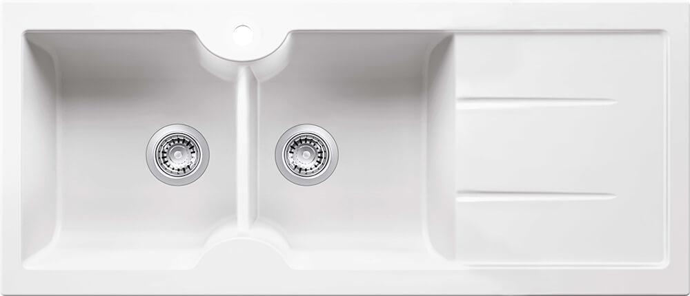 Cuisine 116 x 50 Inset / Undermount  Fine Fireclay Gloss White Sink - Double Bowl and Single Drainer