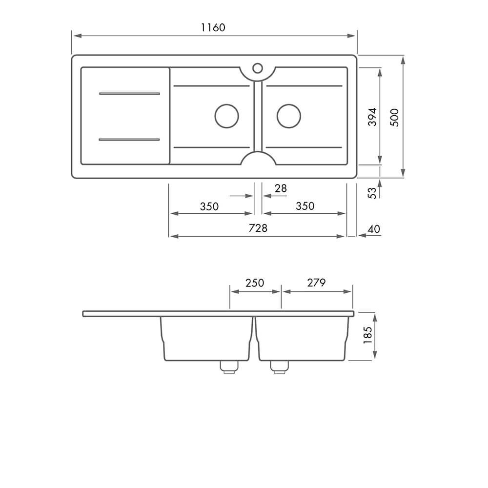 Cuisine 116 x 50 Inset / Undermount  Fine Fireclay Gloss White Sink - Double Bowl and Single Drainer