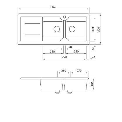 Cuisine 116 x 50 Inset / Undermount  Fine Fireclay Gloss White Sink - Double Bowl and Single Drainer