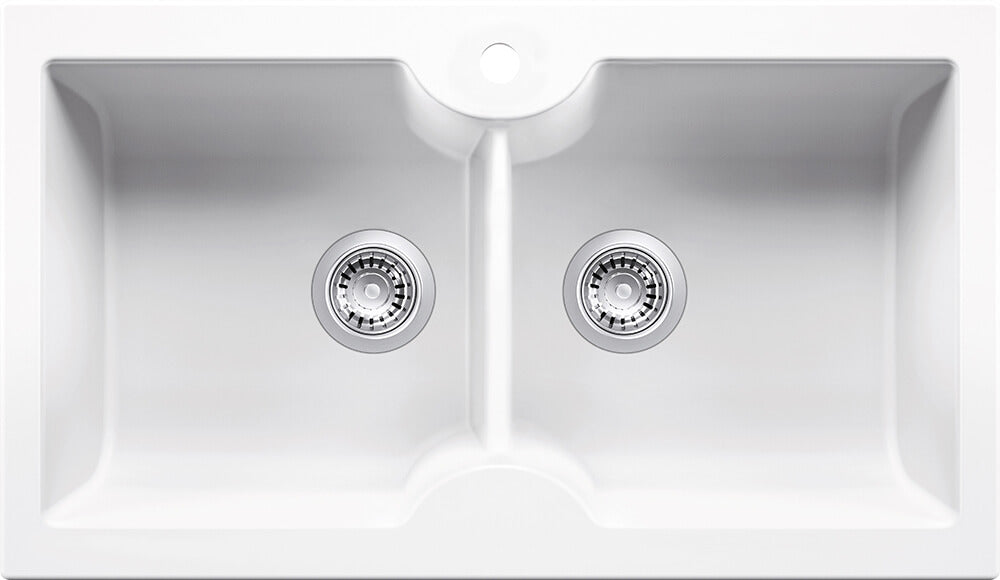 Cuisine 86 x 50 Inset / Undermount Fine Fireclay Gloss White Sink - Double Bowl with Taphole