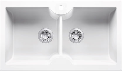 Cuisine 86 x 50 Inset / Undermount Fine Fireclay Gloss White Sink - Double Bowl with Taphole