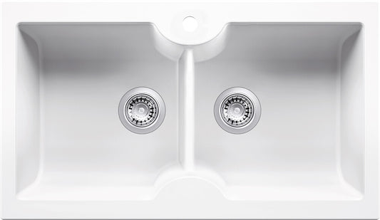 Cuisine 86 x 50 Inset / Undermount Fine Fireclay Gloss White Sink - Double Bowl with Taphole