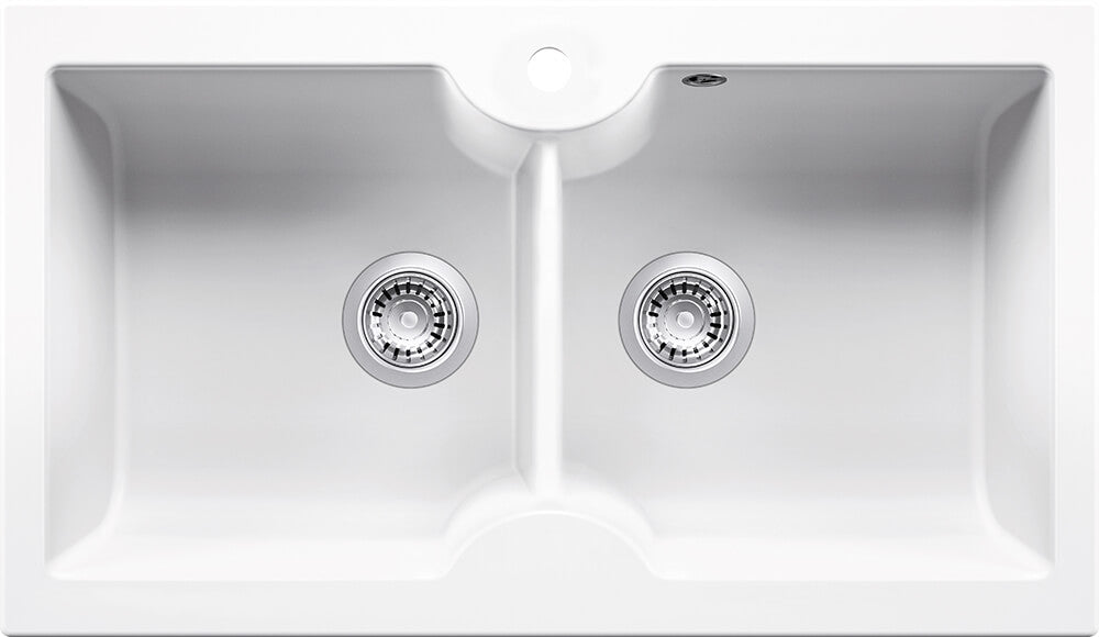 Cuisine 86 x 50 Inset / Undermount Fine Fireclay Gloss White Sink - Double Bowl with Taphole