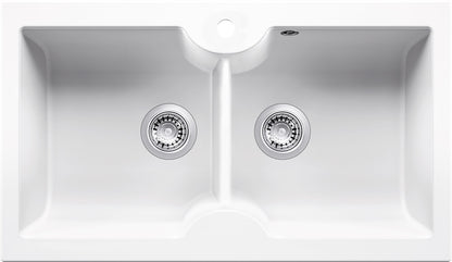 Cuisine 86 x 50 Inset / Undermount Fine Fireclay Gloss White Sink - Double Bowl with Taphole