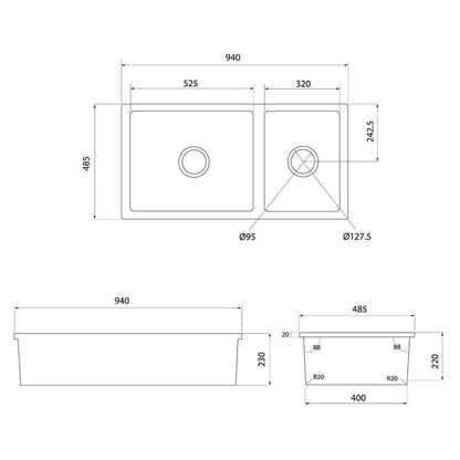 Cuisine 93 x 48 One and a Half Bowl Inset / Undermount Fine Fireclay Matte Black Sink