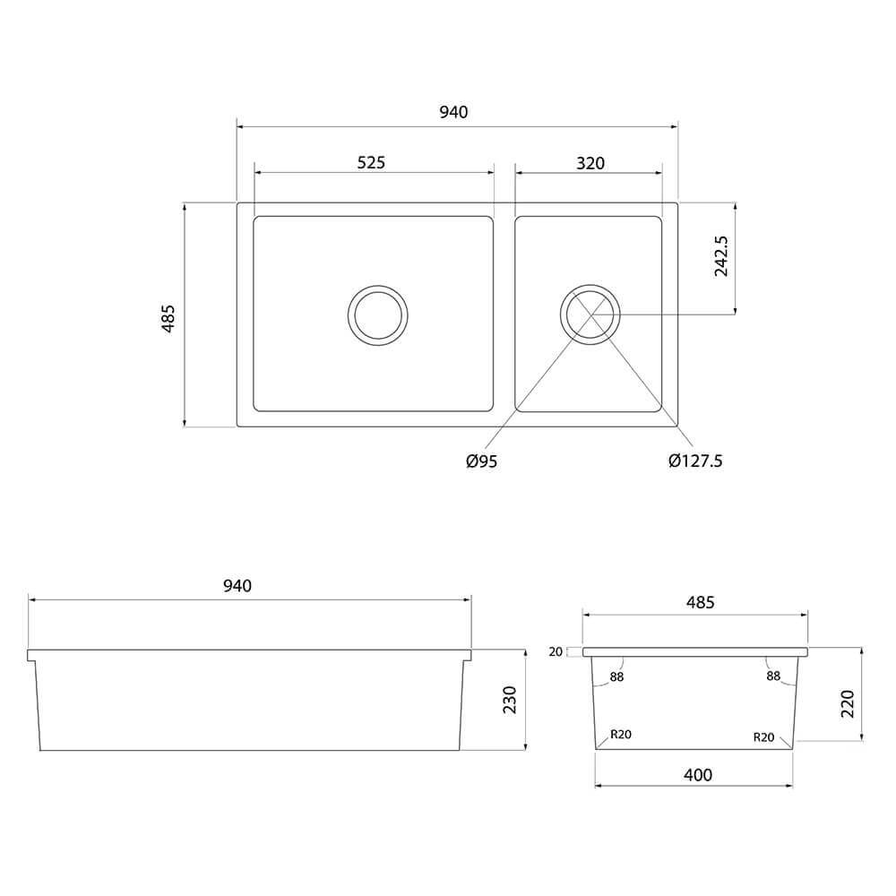 Cuisine 93 x 48 One and a Half Bowl Inset / Undermount Fine Fireclay Matte White Sink