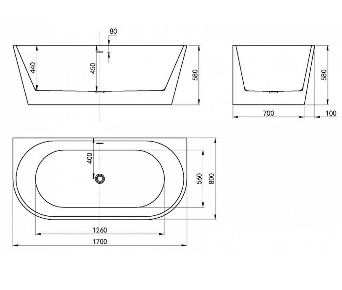 Verona 1700x800x580 Gloss White Back to Wall Bathtub OF