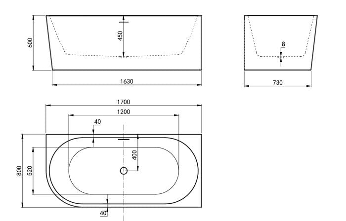 Right Corner 1700X800X600 Gloss White Bathtub OF