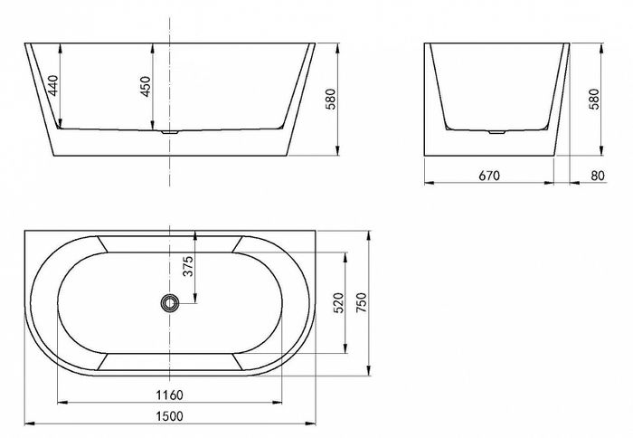 Verona 1500x750x580 Matte White Back to Wall Bathtub NF