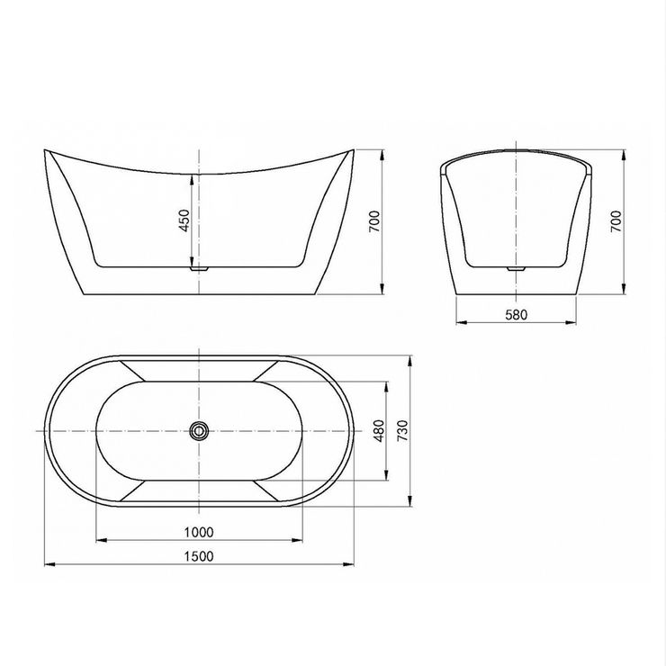 Viva 1500x750x720 Gloss White High Back Bathtub NF