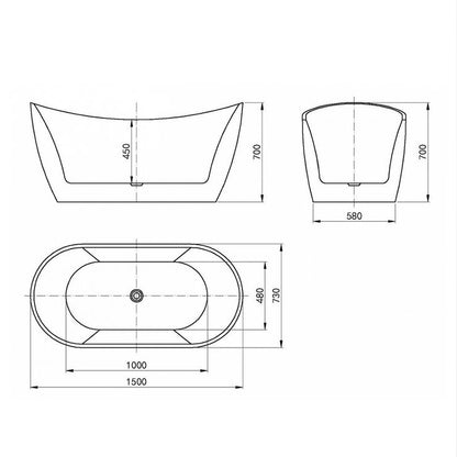 Viva 1500x750x720 Gloss White High Back Bathtub NF