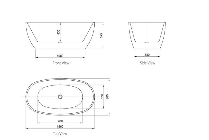 Vinny 1500x800x575 Gloss White Egg Shape Bathtub NF