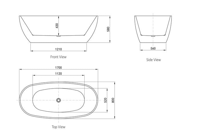 Vinny 1700x800x580 Gloss White Egg Shape Bathtub NF