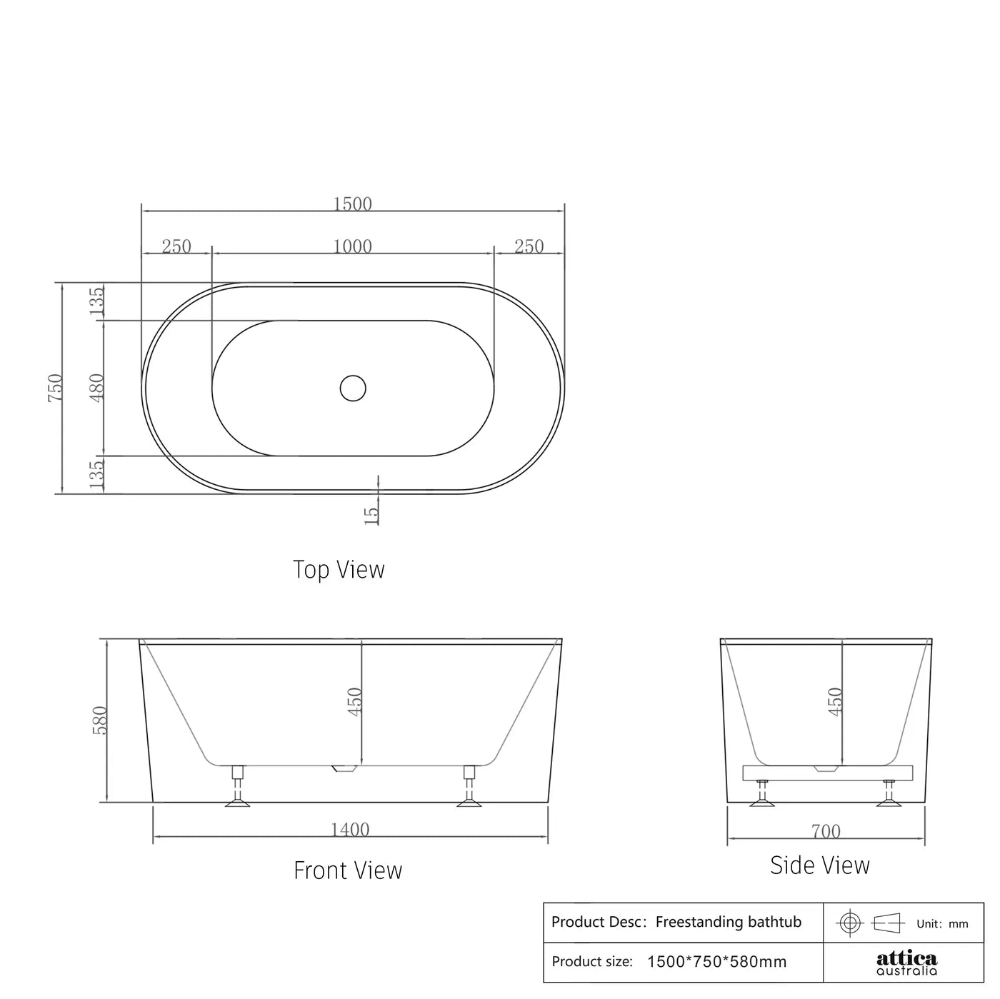 Otti Noosa 1500mm Freestanding Bath