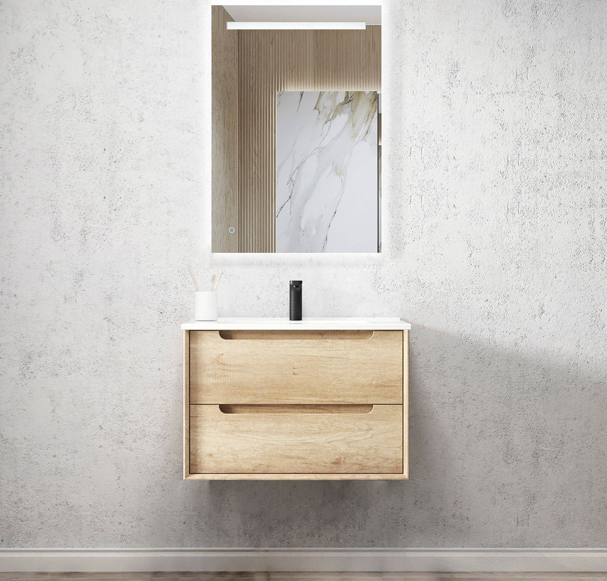 Byron 750mm Natural Oak Wall Hung Vanity with Mont Blanc 60mm Top 12TH