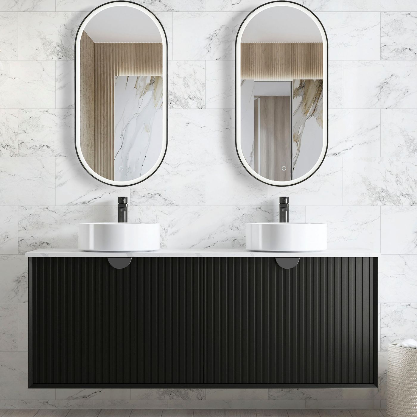 Marlo Fluted 1500mm Matte Black Wall Hung Vanity with Mont Blanc Top 12TH