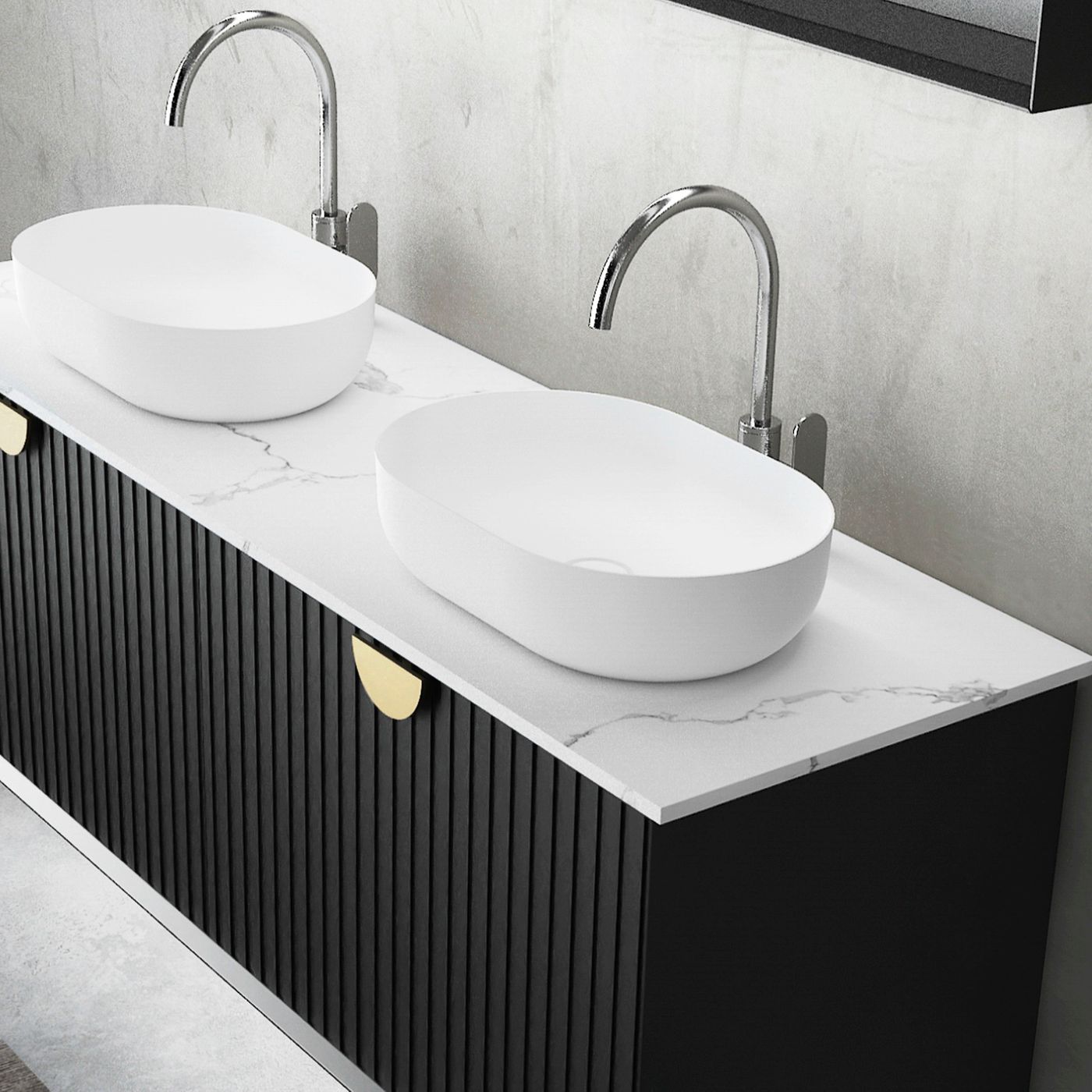Marlo Fluted 1500mm Matte Black Wall Hung Vanity with Mont Blanc Top 12TH
