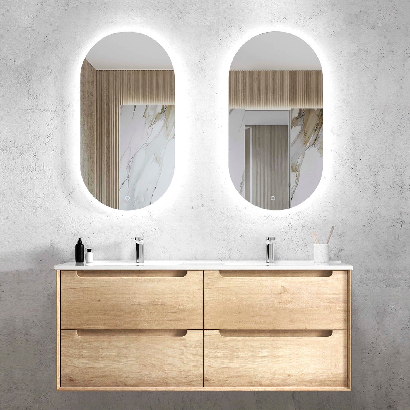 Byron 1200mm Natural Oak Wall Hung Vanity with Mont Blanc Top Double Bowl 12TH