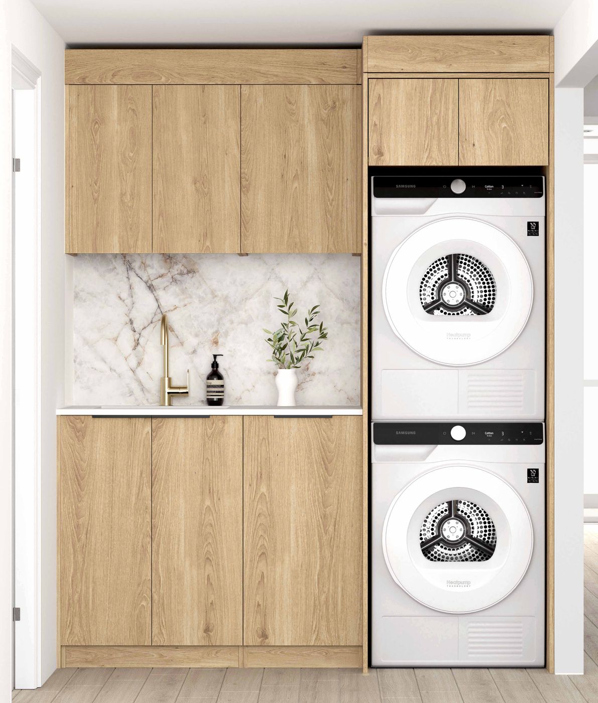 Laundry Kit 1715C Byron/Bondi Natural Oak with Natural Carrara Marble Top