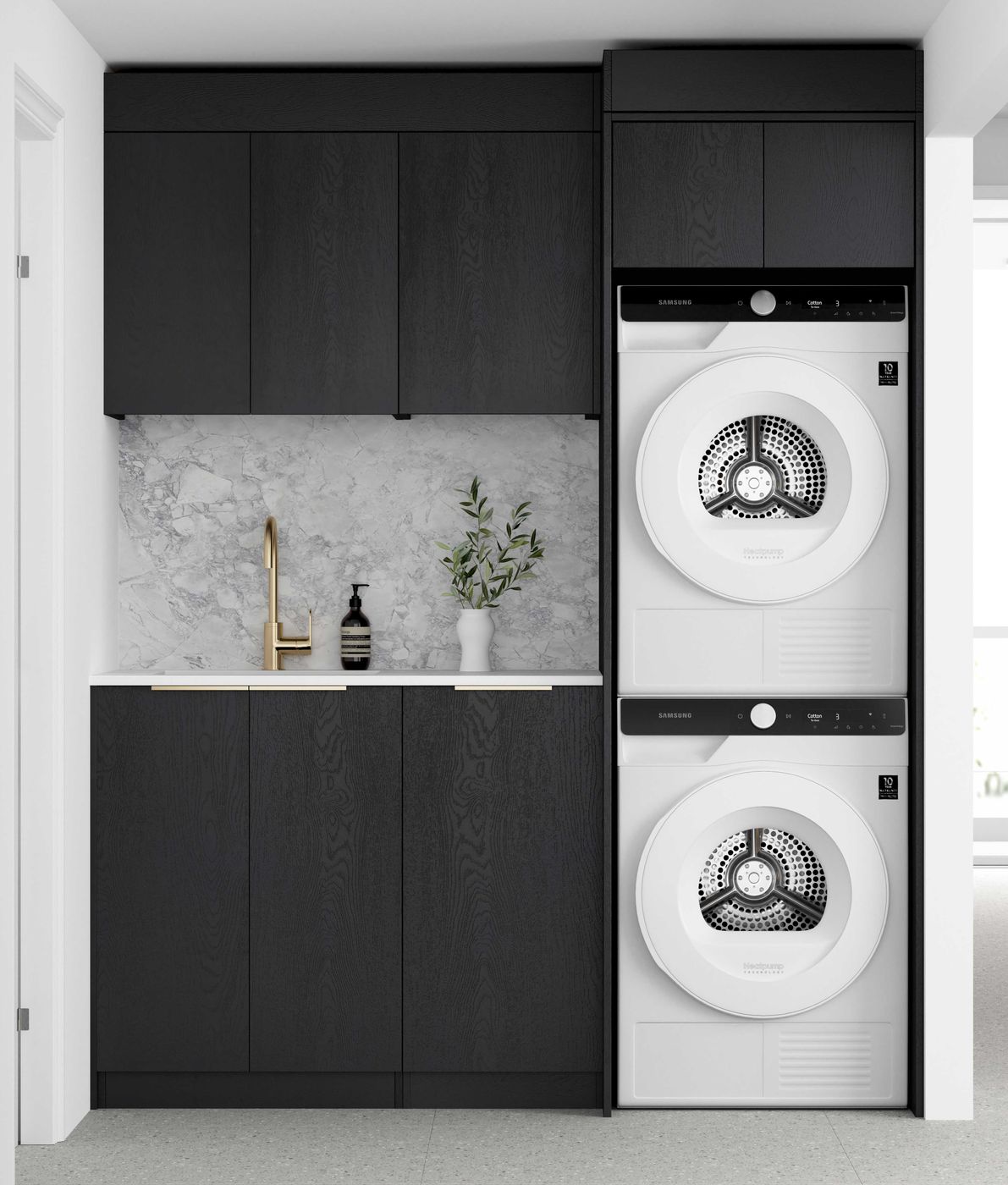 Laundry Kit 1715C Byron/Bondi Black Oak with Natural Carrara Marble Top