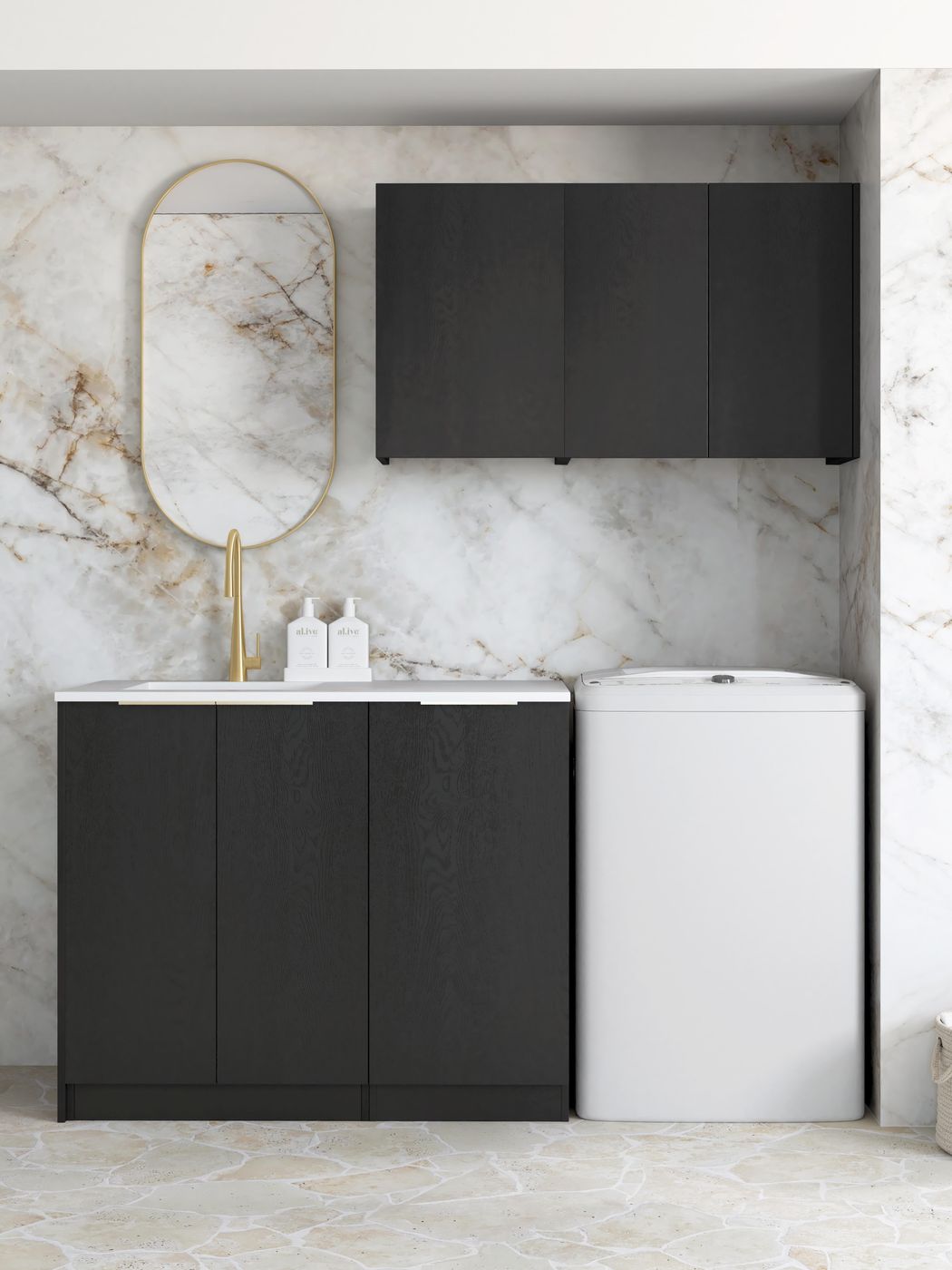Laundry Kit 1715A Byron/Bondi Black Oak with Natural Carrara Marble Top