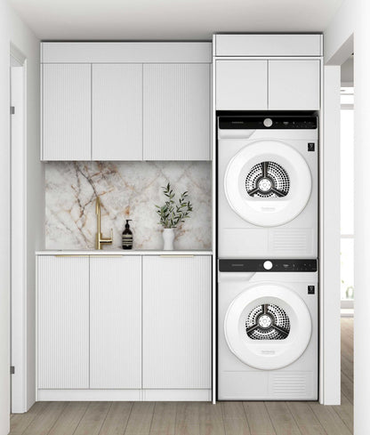 Laundry Kit 1715C Bondi Fluted White with Natural Carrara Marble Top